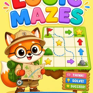 Op de afbeelding: Een Logic Mazes spelcover met een cartoon vossenverkenner met een hoed, bril en rugzak, die een kaart vasthoudt. Naast de vos staat een puzzelrooster met pijlen, sterren en een vlag. Een houten bord toont THINK! SOLVE! SUCCEED! en AGES 4-8.