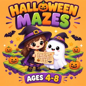 May include: A colourful book cover titled HALLOWEEN MAZES AGES 4-8 featuring a cartoon character in a witch costume and a white ghost holding a maze map. The scene includes orange pumpkins, purple and green grid tiles, and small black bats.