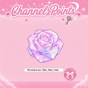Könnte beinhalten: Eine digitale Grafik einer facettierten, kristallinen Rose in hellen Rosa-, Lila- und Blautönen. Der Text lautet Channel Points, EMOTES, SUB BADES & MORE und File ready to use : 28px , 56px, 112px. Ein kleiner Zauberstab und ein kreisförmiges Logo sind abgebildet.