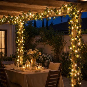 Könnte beinhalten: Eine künstliche Efeugirlande, die mit warmweißen LED-Lichterketten durchflochten und über eine Holzpergola drapiert ist. Die grünen Blätter und leuchtenden Lichter bilden eine dekorative Umrandung um einen Esstisch mit einer Laterne.