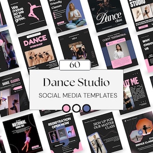 Plantillas para redes sociales de estudios de danza / 60 plantillas de Canva / Publicaciones e historias de Instagram / Marketing para escuelas de danza / Descarga instantánea