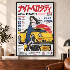May include: A vertical poster titled Night Velocity featuring a yellow sports car and a person with long black hair leaning against it. The design includes Japanese text, technical specifications, a red sun graphic, and a barcode at the bottom.