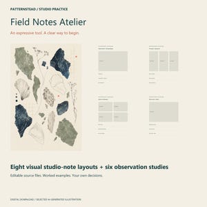 Op de afbeelding: Een digitale download getiteld Field Notes Atelier met acht visuele studio-notitielay-outs en zes observatiestudies. Het ontwerp bevat donkerblauwe en groene abstracte rotsvormen, lijntekeningen van planten en rasterpatronen.