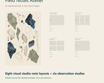May include: A digital download titled Field Notes Atelier featuring eight visual studio-note layouts and six observation studies. The design includes dark blue and green abstract rock-like shapes, line drawings of plants, and grid patterns.