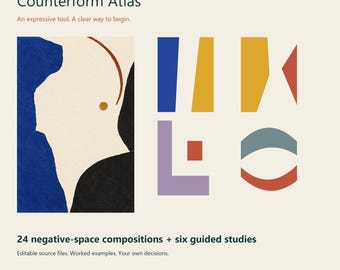 May include: A graphic design resource titled Counterform Atlas by Patternstead. It features abstract illustrations with blue, yellow, red, and purple shapes on a cream background. Text includes 24 negative-space compositions + six guided studies.