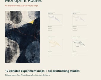 May include: A digital document titled Monoprint Routes by Patternstead Studio Practice. It features an abstract dark blue and white monoprint illustration, four small line graph diagrams, and the text 12 editable experiment maps + six printmaking studies.