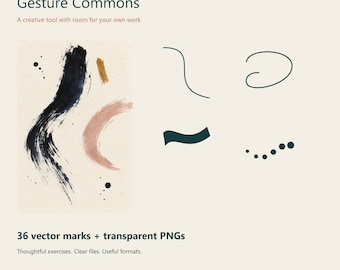 May include: A digital design resource titled Gesture Commons by Patternstead Studio Practice. It features a collection of 36 vector marks and transparent PNGs, displaying abstract brush strokes in black, tan, and dark green on a cream background.