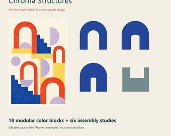 May include: A digital design resource titled Chroma Structures by Patternstead. It features a colorful illustration of geometric shapes including arches, stairs, and circles in red, blue, yellow, and lavender, alongside blue and gray modular block icons.