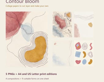 May include: A collection of collage papers titled Contour Bloom by Patternstead. The set includes five PNG files with A4 and US Letter print editions, featuring four compositions and nine cuttable forms with watercolor shapes and line art.