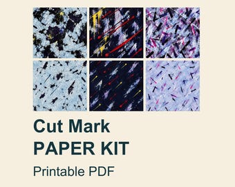 May include: A digital collection of six square patterns featuring abstract paint splatters and brush strokes in black, white, red, yellow, and purple. The text below reads Cut Mark PAPER KIT Printable PDF. These designs are for paper crafts.