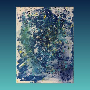 May include: A rectangular canvas painting featuring an abstract composition of layered blue, navy, and white paint. The surface is covered in a dense network of splatters and drips in shades of teal, bright yellow, and black, creating texture.