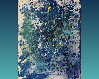 May include: A rectangular canvas painting featuring an abstract composition of layered blue, navy, and white paint. The surface is covered in a dense network of splatters and drips in shades of teal, bright yellow, and black, creating texture.