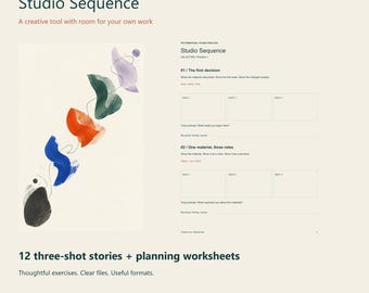 May include: A digital download titled Studio Sequence by Patternstead Studio Practice featuring 12 three-shot stories and planning worksheets. The document includes an abstract watercolor illustration with colorful shapes and text prompts for creative exercises.