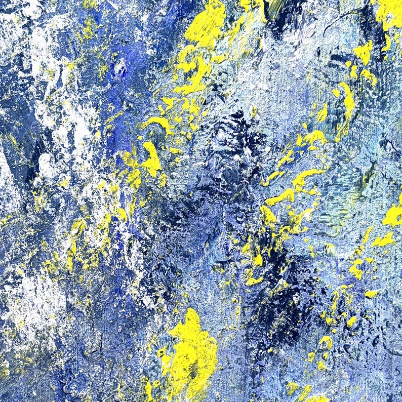 May include: An abstract painting featuring a thick, textured application of paint in shades of navy blue, light blue, and white, accented with vibrant, bright yellow dabs and streaks distributed across the surface in a layered, impasto style.