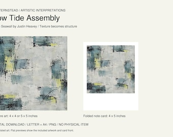 May include: A digital art print titled Low Tide Assembly by Justin Heavey featuring abstract brushstrokes in blue, yellow, and black on a white background. The image displays square art in 4x4 or 5x5 inches and a 4x5 inch folded note card.