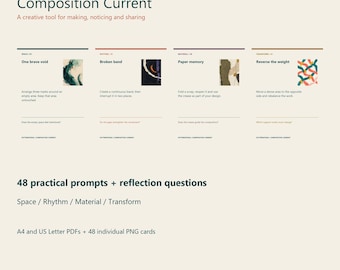 May include: A digital product titled Composition Current by Patternstead featuring 48 practical prompts and reflection questions categorized into Space, Rhythm, Material, and Transform. The layout includes four example cards with text and imagery.