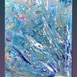 May include: An abstract painting on a rectangular canvas featuring a dynamic composition of layered blue, white, and silver paint. The surface displays textured brushstrokes and splatters, with streaks of dark navy, violet, and yellow accents.
