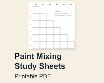 May include: A white printable PDF document featuring a black grid chart for paint mixing. The chart includes labels P1 through P6 on the top and side axes. Text reads: HOW TO READ, Diagonal: the pure paint for that ID, Below diagonal: mix the row paint with the column paint. Below the chart, the text reads: Paint Mixing Study Sheets, Printable PDF.
