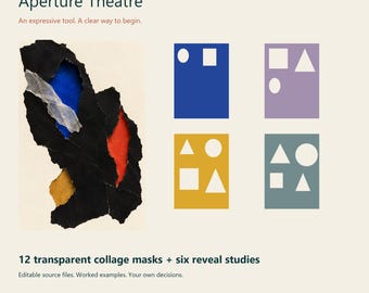 May include: A digital product titled Aperture Theatre by Patternstead Studio Practice featuring 12 transparent collage masks and six reveal studies. The graphic displays a torn black paper collage with blue, red, and yellow layers alongside four colored rectangles containing white geometric shapes.