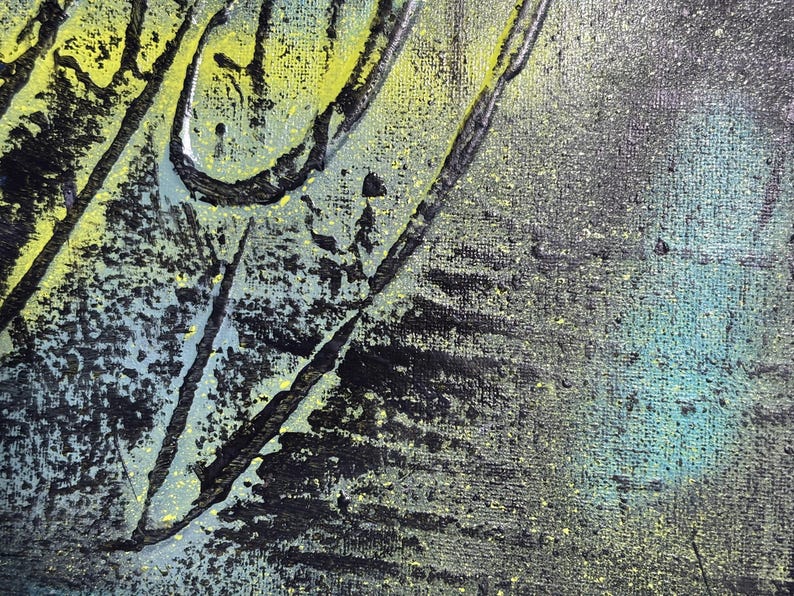 May include: A textured canvas painting featuring a blend of black, teal, and bright yellow spray paint. The surface displays raised, dark, linear ridges and splattered paint droplets, creating a layered, abstract composition with a rough finish.