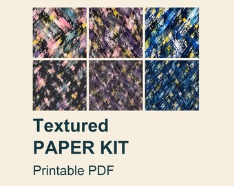 May include: A digital collection of six square textured paper designs featuring abstract brushstroke patterns in black, pink, blue, purple, and yellow. The text reads Textured PAPER KIT Printable PDF. These patterns display layered paint strokes.