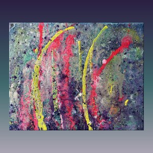 May include: An abstract painting on canvas featuring a dark, textured background with splatters and streaks of vibrant red, bright yellow, and deep purple paint. The composition includes layered paint applications creating a multi-dimensional effect.
