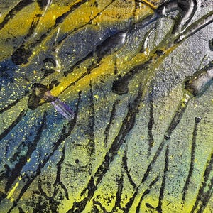 May include: An abstract painting on canvas featuring a textured surface with a blend of deep blue, bright yellow, and black paint. The composition includes raised, glossy black lines that create a network of organic, branch-like patterns.