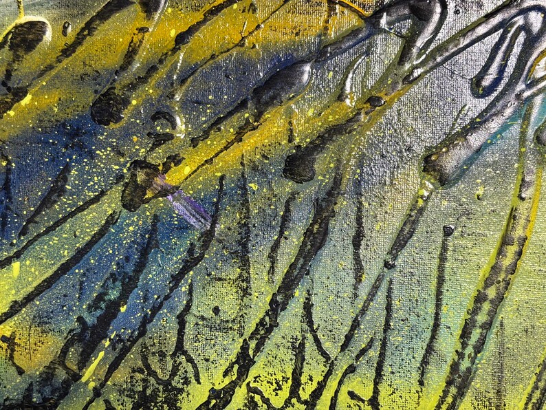 May include: An abstract painting on canvas featuring a textured surface with a blend of deep blue, bright yellow, and black paint. The composition includes raised, glossy black lines that create a network of organic, branch-like patterns.