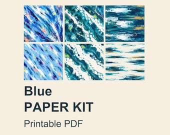 May include: A digital collection of six square patterns featuring abstract blue, white, and gold paint textures. The text reads Blue PAPER KIT Printable PDF. The designs include diagonal brushstrokes, fluid marble effects, and horizontal layered lines.