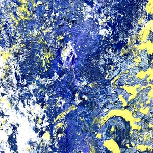 May include: An abstract painting on canvas featuring a thick, textured application of paint. The composition is dominated by deep shades of blue, interspersed with bright yellow accents and patches of white, creating a layered, tactile surface.