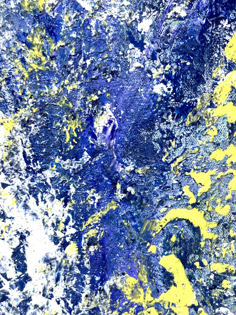 May include: An abstract painting on canvas featuring a thick, textured application of paint. The composition is dominated by deep shades of blue, interspersed with bright yellow accents and patches of white, creating a layered, tactile surface.