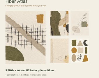 May include: A digital collection titled Fiber Atlas by Patternstead featuring collage papers. The set includes 5 PNGs, A4 and US Letter print editions, 4 compositions, and 9 cuttable forms on one sheet with earthy tones of olive, tan, and mustard.