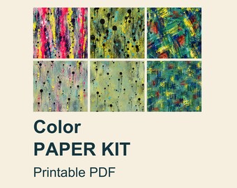 May include: A digital collection of six square patterns featuring abstract paint splatters, drips, and brushstrokes in vibrant colors including pink, yellow, blue, green, and black. The text reads Color PAPER KIT Printable PDF.