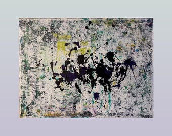 May include: A rectangular canvas painting featuring an abstract composition with a textured white base layer. The surface is covered in splatters and drips of black, dark purple, yellow, and teal paint, creating a dense, layered visual effect.