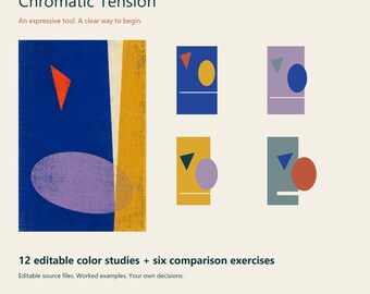 May include: A digital download titled Chromatic Tension by Patternstead Studio Practice. It features 12 editable color studies and six comparison exercises with geometric shapes including triangles, ovals, and rectangles in blue, yellow, and purple.