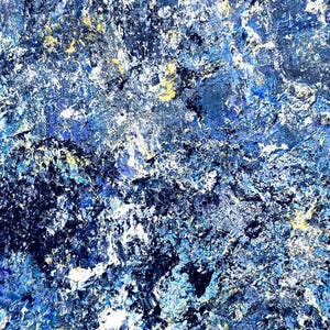 May include: An abstract painting featuring a heavily textured surface with thick layers of paint. The composition is dominated by deep navy, royal blue, and light blue tones, accented with scattered highlights of bright white and metallic gold.