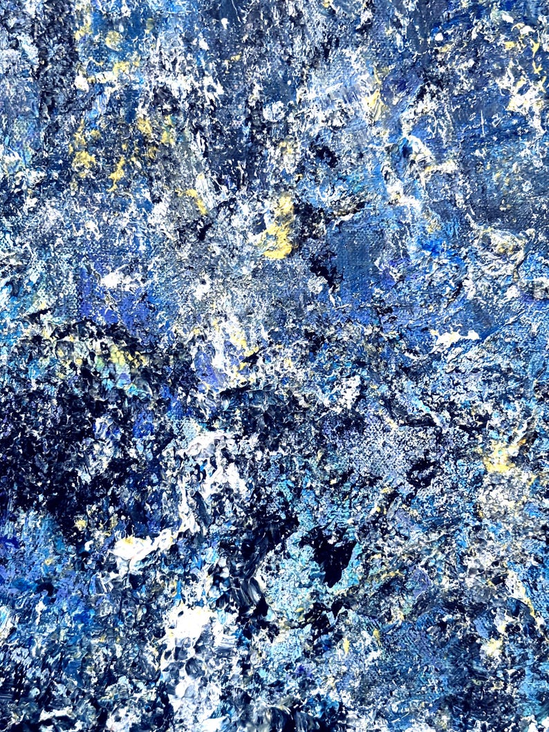 May include: An abstract painting featuring a heavily textured surface with thick layers of paint. The composition is dominated by deep navy, royal blue, and light blue tones, accented with scattered highlights of bright white and metallic gold.