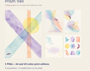 May include: Patternstead Artist Papers Prism Veil collage papers featuring watercolor textures in purple, blue, yellow, and orange. Includes 5 PNGs, A4 and US Letter print editions, 4 compositions, and 9 cuttable forms on one sheet. Digital download.