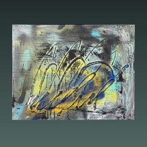 May include: A rectangular canvas painting featuring abstract layers of spray paint in black, yellow, and blue. The composition includes thick, raised black lines forming curved, overlapping shapes over a textured, splattered background.
