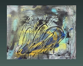 May include: A rectangular canvas painting featuring abstract layers of spray paint in black, yellow, and blue. The composition includes thick, raised black lines forming curved, overlapping shapes over a textured, splattered background.