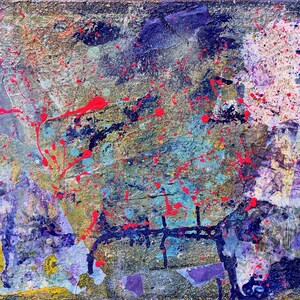 May include: An abstract mixed media painting on canvas featuring a textured surface with layers of blue, purple, gold, and white paint. The composition includes vibrant neon pink paint splatters, dark ink-like markings, and collage elements.