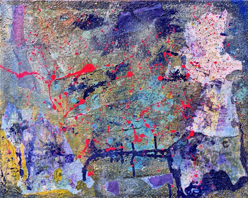 May include: An abstract mixed media painting on canvas featuring a textured surface with layers of blue, purple, gold, and white paint. The composition includes vibrant neon pink paint splatters, dark ink-like markings, and collage elements.