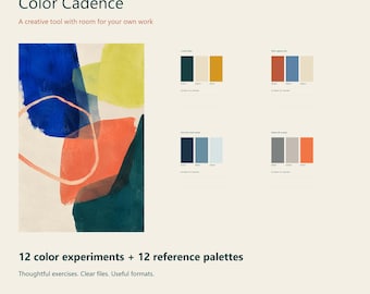 May include: A digital product titled Color Cadence by Patternstead Studio Practice featuring an abstract illustration with blue, lime green, orange, and teal shapes. Includes four color palettes and text: 12 color experiments + 12 reference palettes.