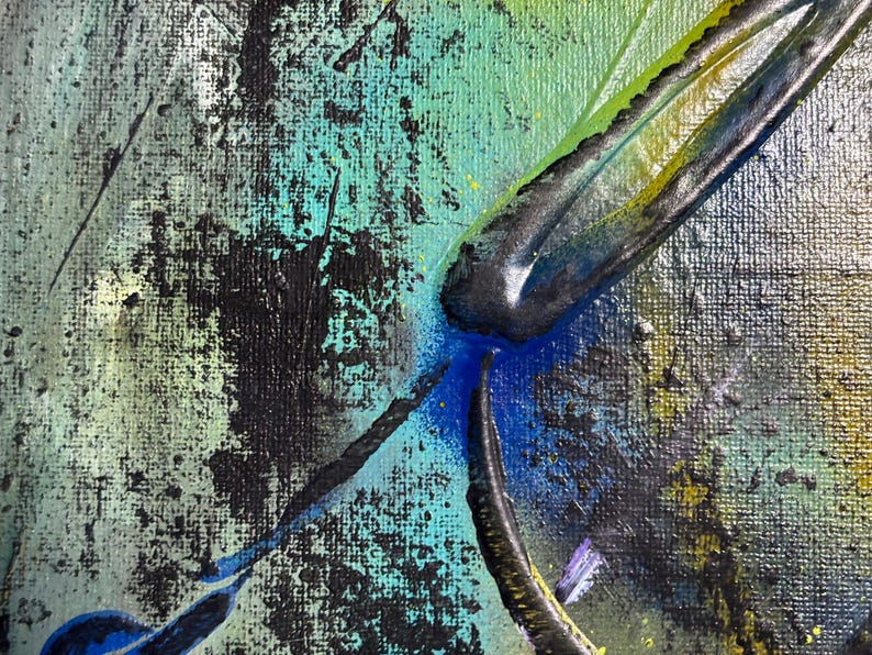 May include: An abstract painting on canvas featuring a textured surface with layers of black, teal, and lime green paint. Thick, raised black lines create a focal point, with splatters of blue and yellow accents across the coarse, woven fabric.