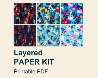 May include: A digital collection of six square patterns featuring abstract paint splatters and brushstrokes in vibrant blue, red, yellow, and green hues. The text reads Layered PAPER KIT Printable PDF in dark blue against a light cream background.