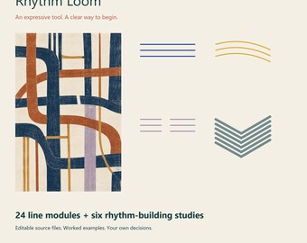 May include: Patternstead Studio Practice Rhythm Loom digital download featuring 24 line modules and six rhythm-building studies. The graphic displays an abstract composition of intersecting blue, orange, and lavender lines alongside geometric line patterns.