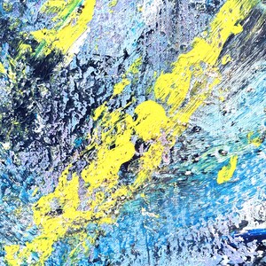 May include: An abstract painting featuring a heavily textured surface with thick impasto layers. The composition displays a vibrant mix of bright yellow, deep navy blue, and various shades of light blue, creating a dynamic and layered visual effect.