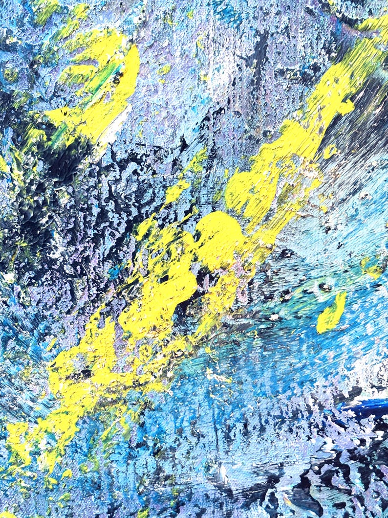 May include: An abstract painting featuring a heavily textured surface with thick impasto layers. The composition displays a vibrant mix of bright yellow, deep navy blue, and various shades of light blue, creating a dynamic and layered visual effect.