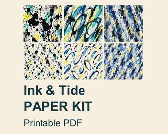 May include: A digital paper kit featuring six square patterns with ink splatters, swirling brushstrokes, and diagonal textures in navy blue, teal, and yellow. The text reads Ink & Tide PAPER KIT Printable PDF in dark blue lettering.