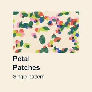 May include: A surface pattern design titled Petal Patches Single pattern featuring a scattered arrangement of abstract leaf and petal shapes in vibrant shades of green, pink, blue, and red against a light cream-colored background.